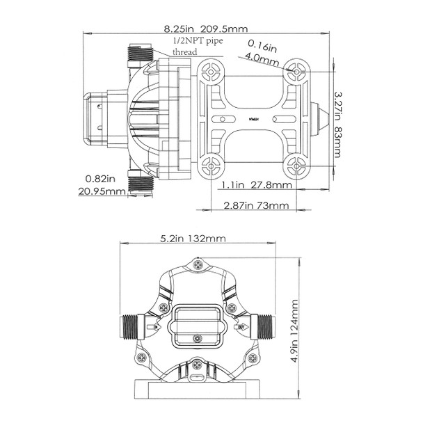 PowerMax PMWP3G-12V RV Diaphram Water Pump - Dimensions