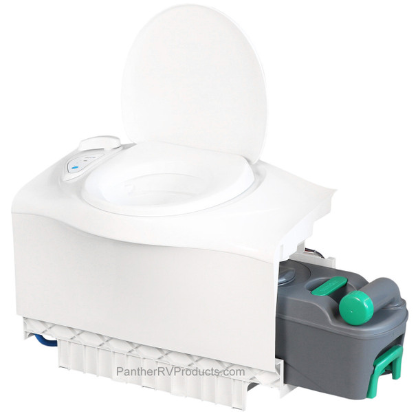 Thetford C403L RV Cassette Toilet - Electric Flush - LH Cassette w/ 4227RP Shower Pan - Right Drain