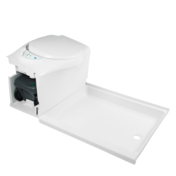Thetford C402CL RV Self-Contained Cassette Toilet - Electric Flush - LH Cassette w/ 4227RP Shower Pan - Right Drain