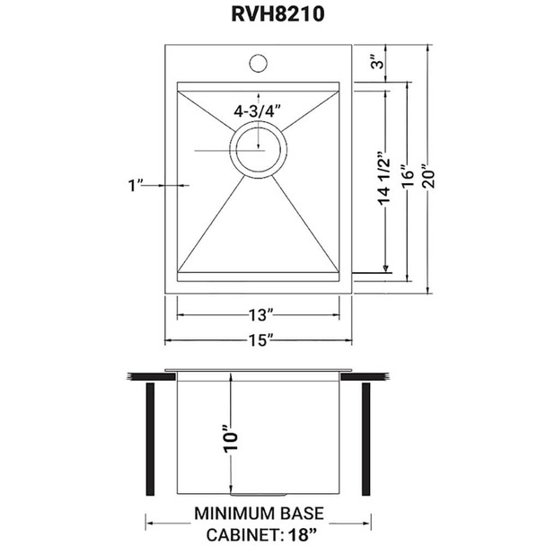 Ruvati RVH8210 Topmount Bar Workstation RV Sink - Dimensions