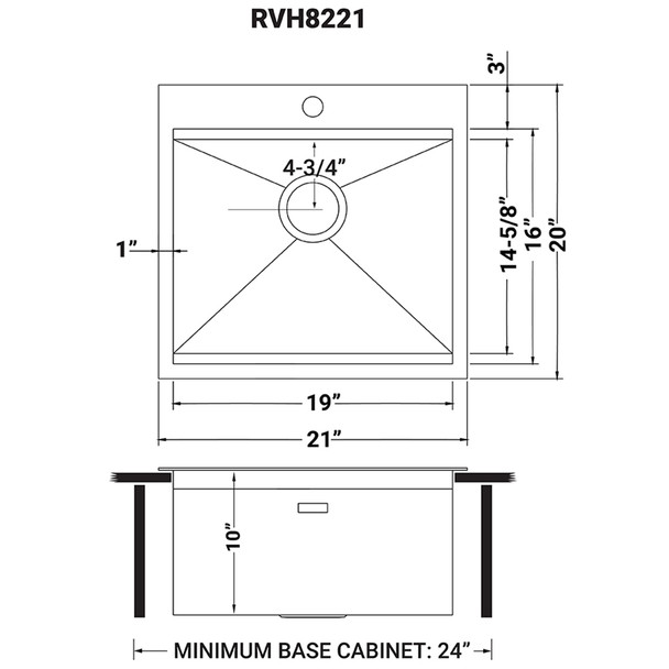 Ruvati RVH8221 Topmount Bar Workstation RV Sink - Dimensions