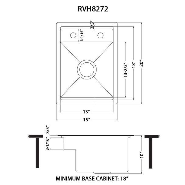 Ruvati RVH8272ST RV Sink with Concealed Faucet and Soap Dispenser - Dimensions