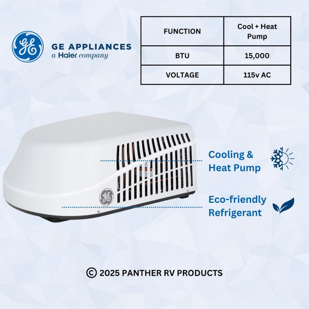 GE® GRHS15XAHW Deluxe Plus R32 RV Air Conditioner w/ Heat Pump 15k / 20A - White w/ Ducted ADB, Control Box, & White T-Stat Kit