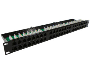 Front view of Cat6 48 Port High Density Patch Panel, 1U Rack Mount with Strain Relief Bar