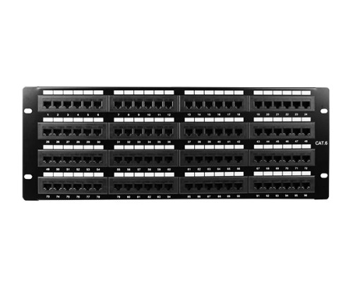 Front view of Cat6 96-Port Rackmount Patch Panel – 4U, Flush-Mounted RJ45 Ports Front view of Cat6 96-Port Rackmount Patch Panel – 4U, Flush-Mounted RJ45 Ports