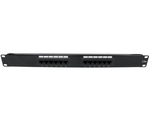 Front view of Cat5e 12-Port Patch Panel – Compact 1U Rack Mount Design Front view of Cat5e 12-Port Patch Panel – Compact 1U Rack Mount Design