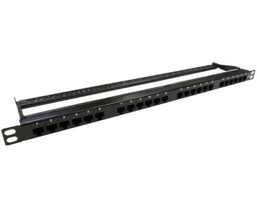 Angled front view of Cat5e 24 Port High Density Patch Panel, Half-U Rack Mount Angled front view of Cat5e 24 Port High Density Patch Panel, Half-U Rack Mount