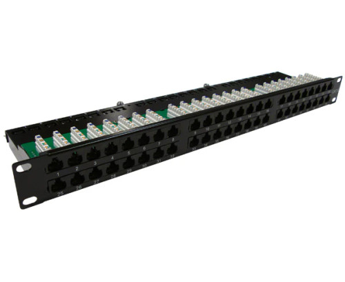 Front view of Cat6 48 Port High Density Patch Panel, 1U Rack Mount with Strain Relief Bar Front view of Cat6 48 Port High Density Patch Panel, 1U Rack Mount with Strain Relief Bar
