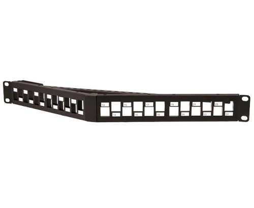 Angled front view of Blank Angled 24 Port Staggered High Density Patch Panel, 1U Rack Mount Angled front view of Blank Angled 24 Port Staggered High Density Patch Panel, 1U Rack Mount