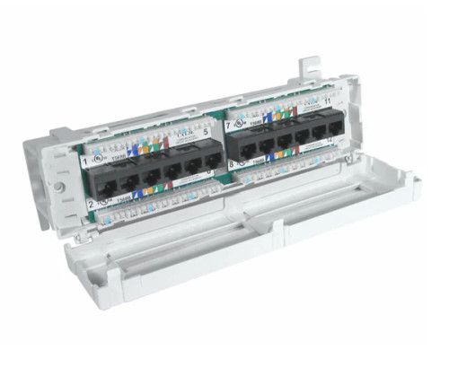 Cat5e 12 Port Front Terminating Patch Panel with hinged cover open showing punch down and color code Cat5e 12 Port Front Terminating Patch Panel with hinged cover open showing punch down and color code