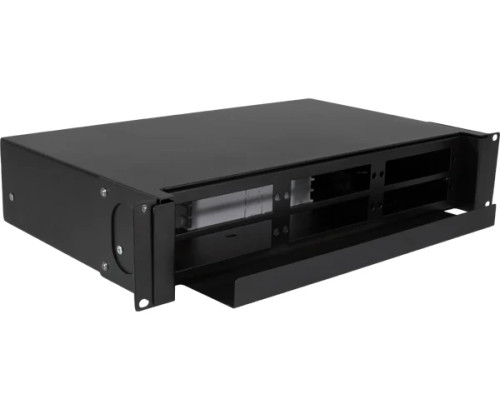 Front view of 2RU Rack Mount Fiber Distribution Patch Panel with Slide-Out Tray Front view of 2RU Rack Mount Fiber Distribution Patch Panel with Slide-Out Tray