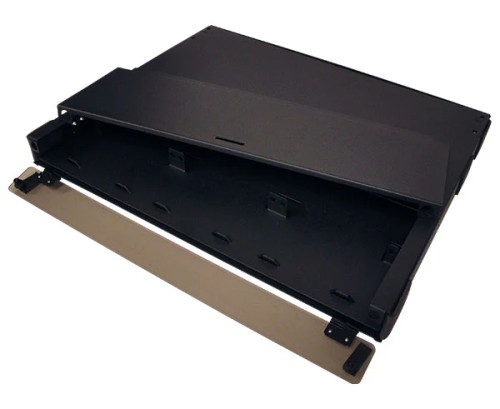 1RU slide-out fiber patch panel with top cover removed and front door open, showing splice tray access. 1RU slide-out fiber patch panel with top cover removed and front door open, showing splice tray access.