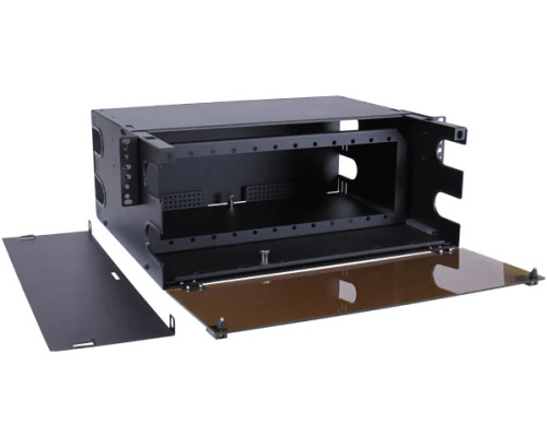 4RU fiber distribution patch panel with front access door open 4RU fiber distribution patch panel with front access door open