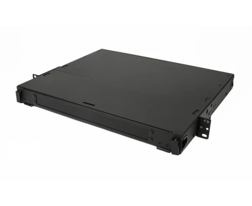 Front angled view of 1RU Rack Mount Fiber Distribution Patch Panel Enclosure, Black Front angled view of 1RU Rack Mount Fiber Distribution Patch Panel Enclosure, Black