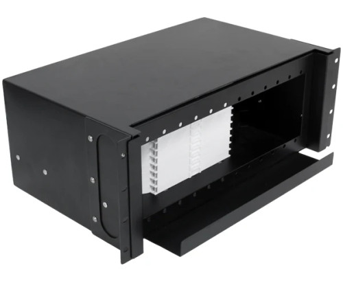 Front angled view of 4RU Rack Mount Fiber Distribution Patch Panel Enclosure, Black Front angled view of 4RU Rack Mount Fiber Distribution Patch Panel Enclosure, Black