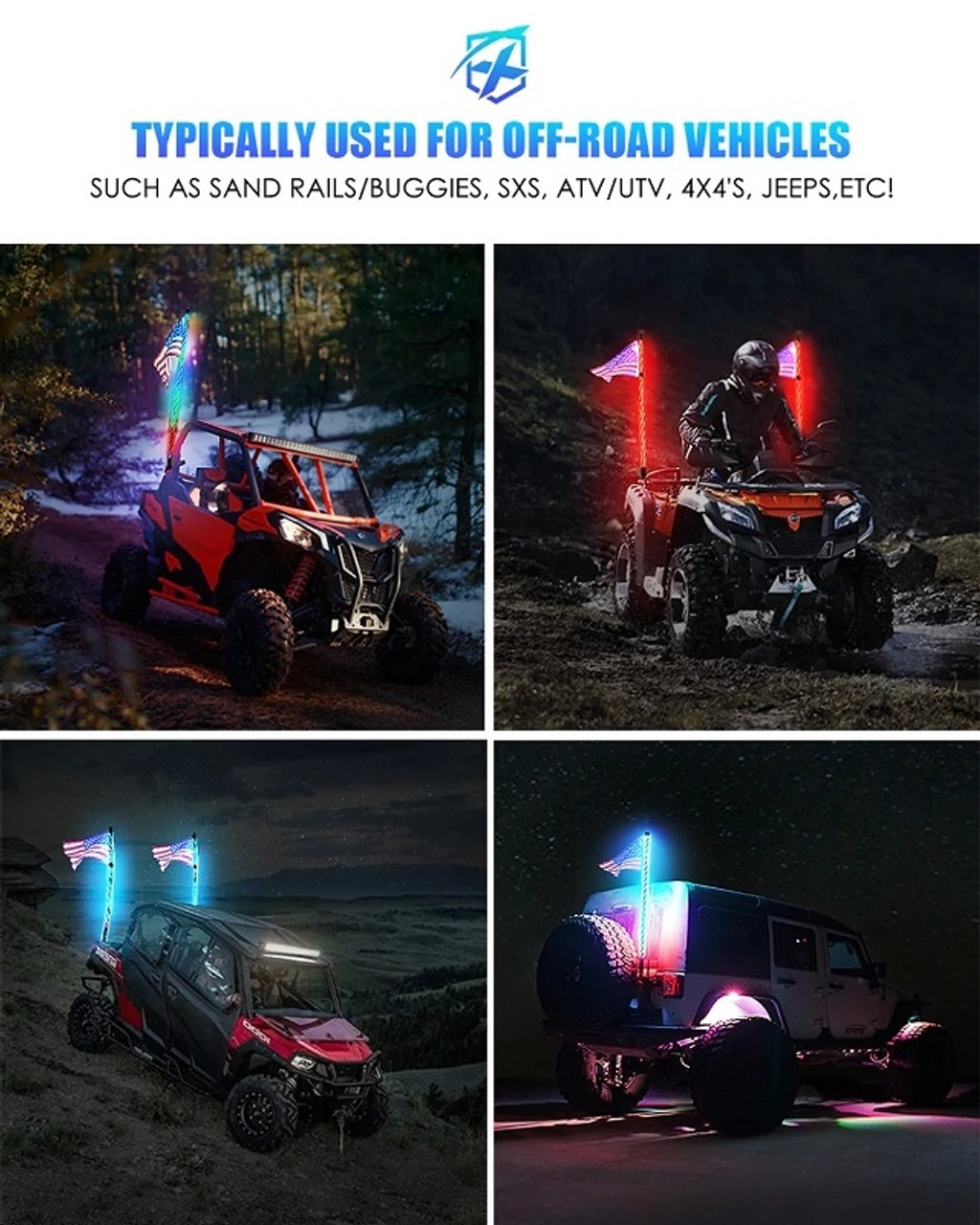 Yamaha Viking / Wolverine / YXZ Spiral RGB LED Flag Pole Whip Light with  Remote Control by Xprite - WHIP-RC-SPIRAL-G6-XX-EYO