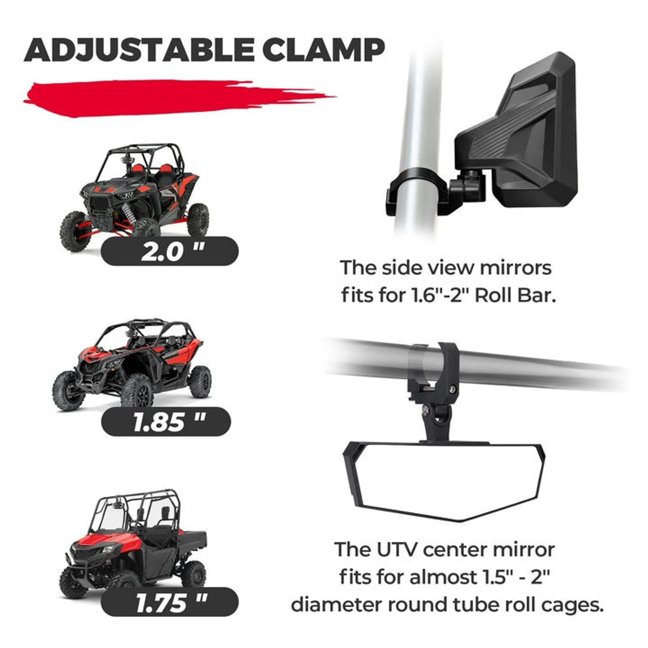 Enhance your UTV with Kemimoto's Roll Bar Mirrors & Center Mirror for  Yamaha Viking, Wolverine, and YXZ - 1.6-2 Universal Fit!