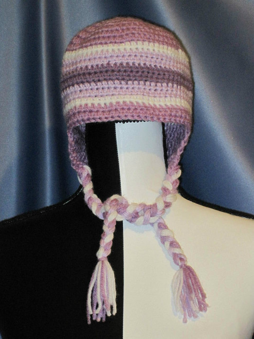 Striped Hat with Braided Tie Strings in Light Purples Crocheted by Mumsie of Stratford.