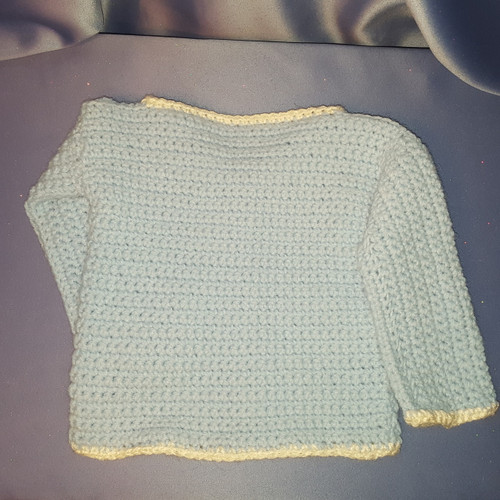 Baby Sweater in Blue with White Trim and Buttons Crocheted by Mumsie of Stratford
