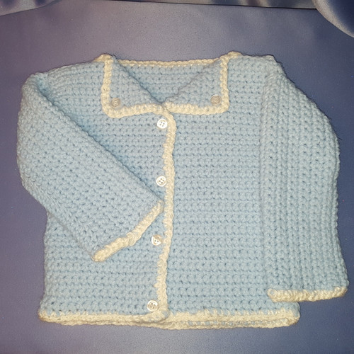 Baby Sweater in Blue with White Trim and Buttons Crocheted by Mumsie of Stratford