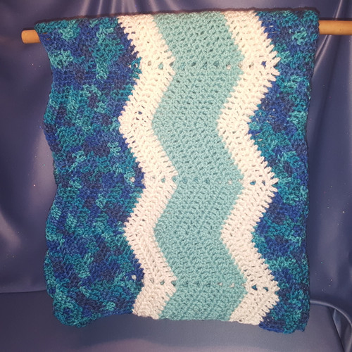 Ripple Baby Blanket in Blues and White Crocheted by Mumsie of Stratford.