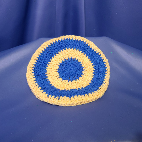 Round African Flower Potholder-Trivet in Blue and Yellow Crocheted by Mumsie of Stratford.