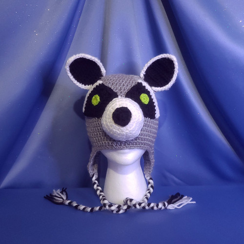Raccoon Character Hat Crocheted Mumsie of Stratford.