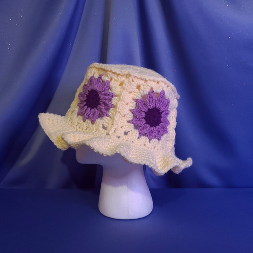 Granny Square Bucket Hat Purple Daisy with Cream Crocheted by Mumsie of Stratford. 