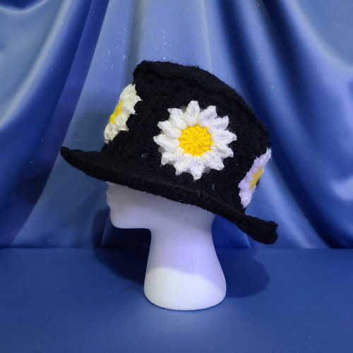 Granny Square Bucket Hat White Daisy Flower with Black Crocheted by Mumsie of Stratford.