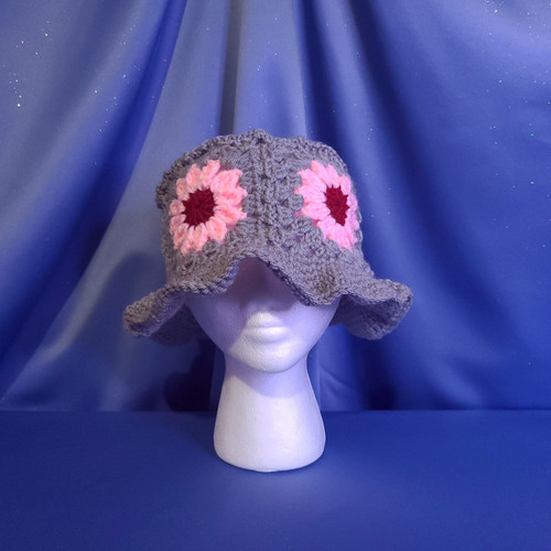 Pink Coneflower Bucket Hat Surrounded with Grey Crocheted  by Mumsie of Stratford.