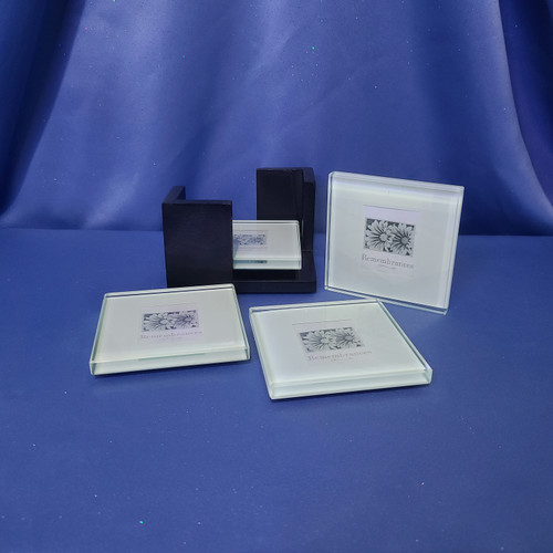 Beveled Glass Photo Coasters Set of 4 with Holder. Beveled Glass Photo Coasters Set of 4 with Holder.