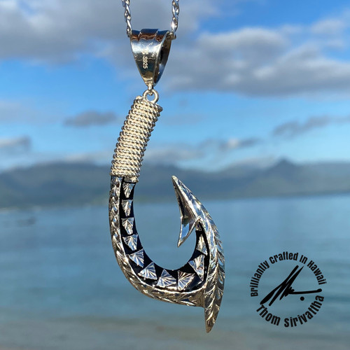 Sterling Silver SOLID XXL Tapa Fishhook Pendant, Single Sided Engraved