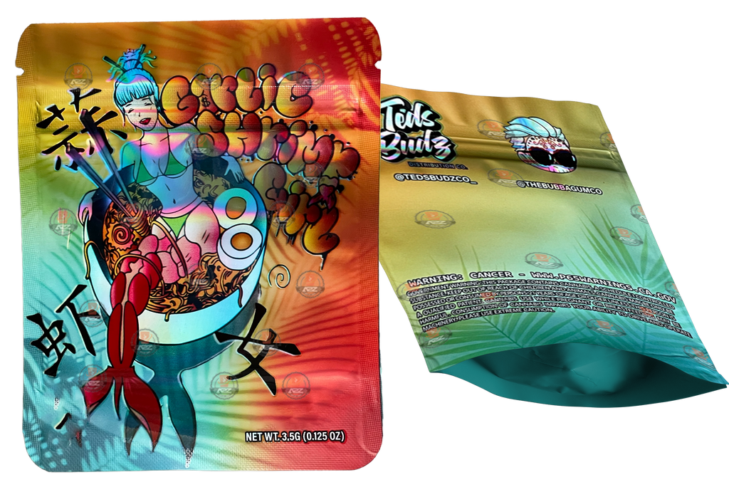 Garlic Shrimp Girl Teds Budz Mylar Bags 3.5g Holographic Empty Packaging