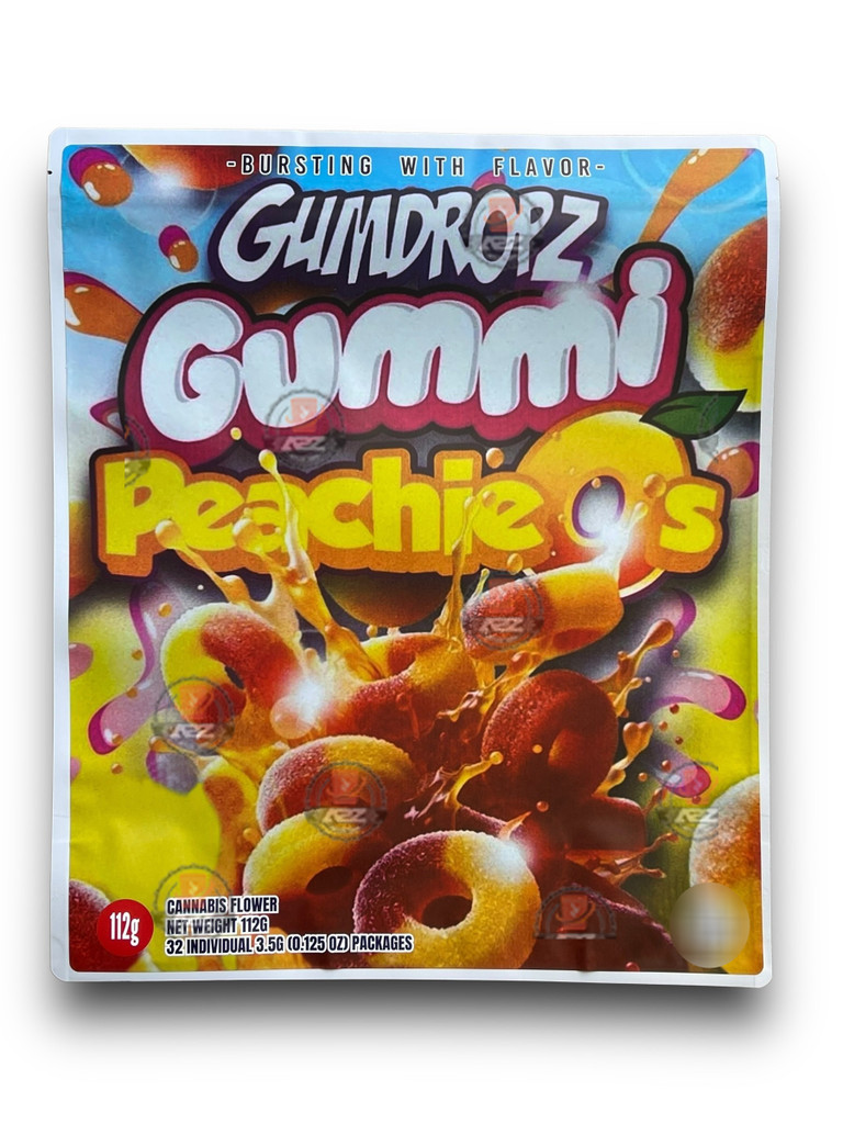 Gumdropz Gummi Peachieos 1 Pound sticker Mylar Bag Net Weight 112G - 32 Individual 3.5G (0.125 OZ) Packages