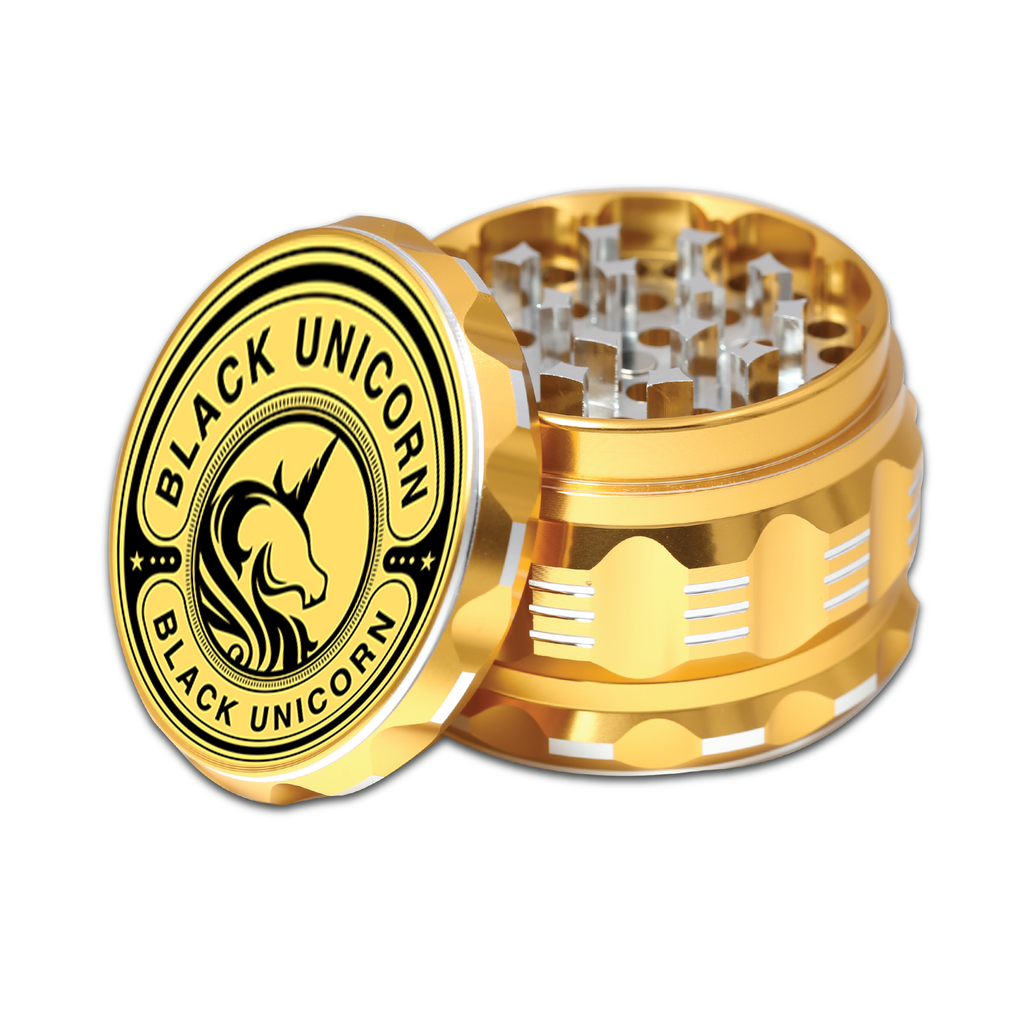 Black Unicorn Best Herb Grinder with Pollen Catcher. Large 4 Piece, 2.5" Aluminum (Gold)