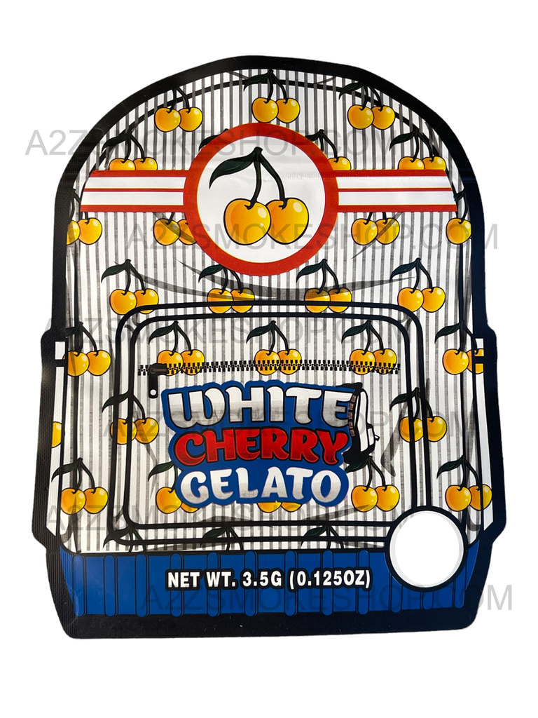 Backpack Boyz White Cherry Gelato cut out Mylar zip lock bag 3.5G