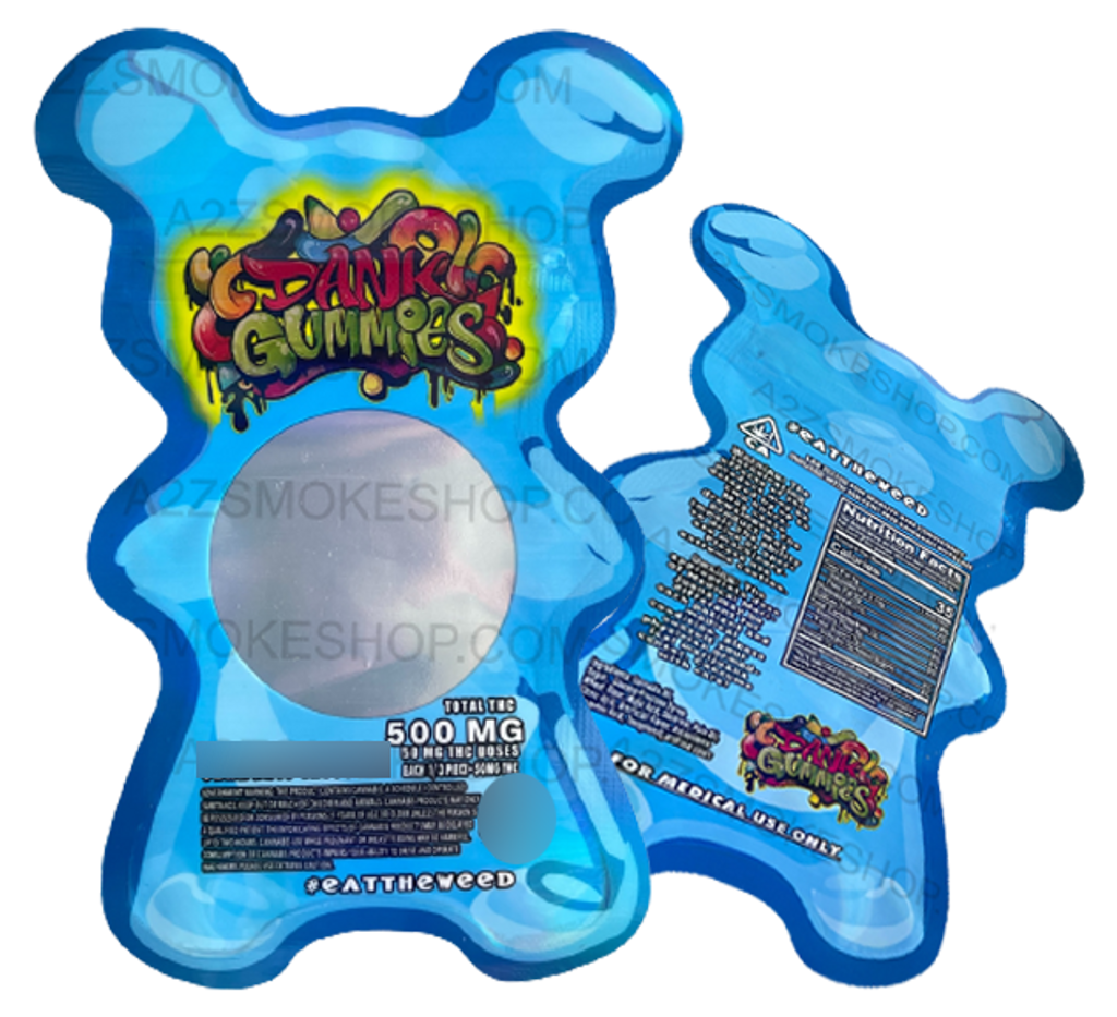 Dank Gummies Cut out 500mg Mylar Bag with window Blue