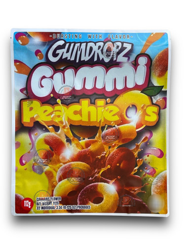 Gumdropz Gummi Peachieos 1 Pound sticker Mylar Bag Net Weight 112G - 32 Individual 3.5G (0.125 OZ) Packages