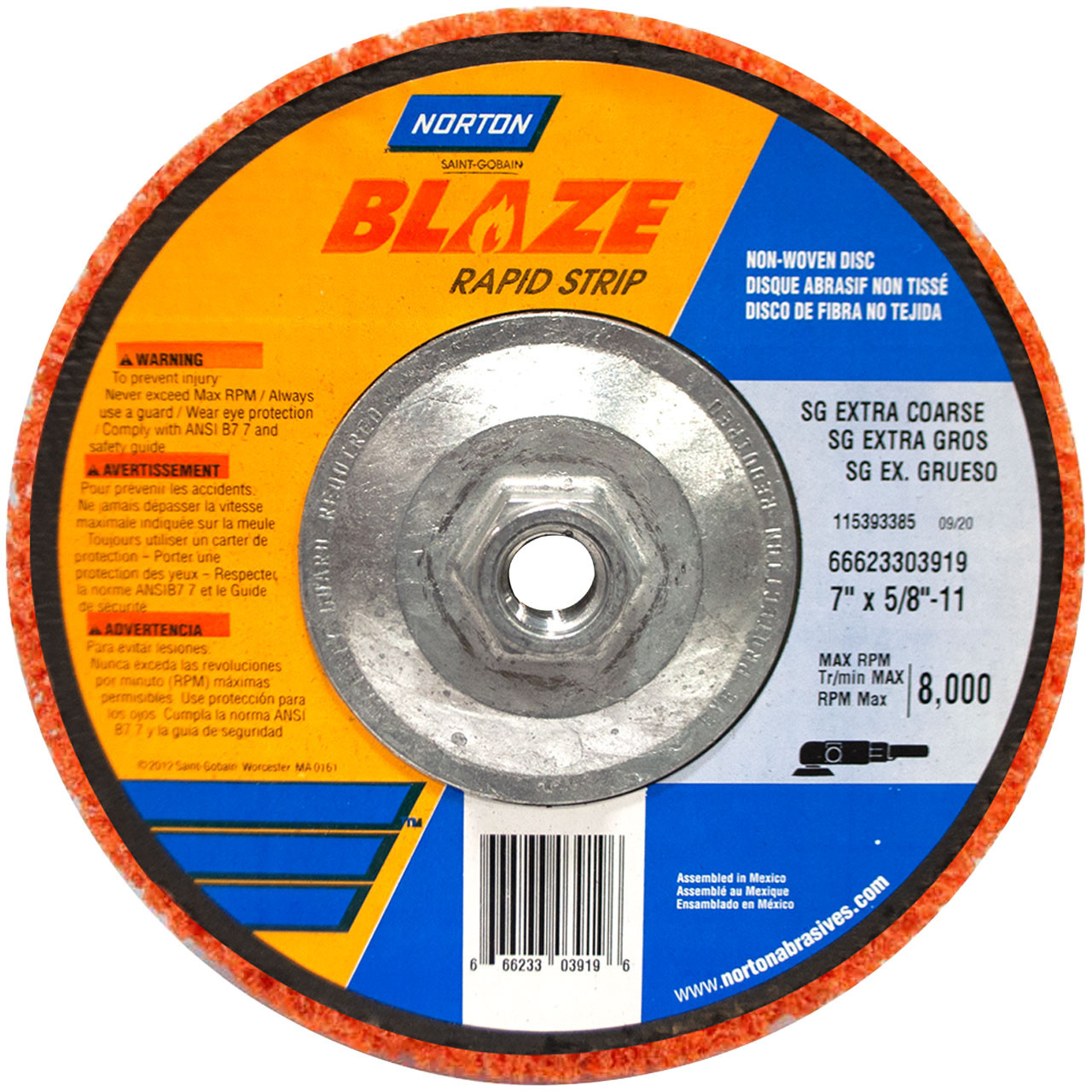 Norton 66623303919 7x5/8-11” Bear-Tex Blaze Rapid Strip Ceramic Alumina  Non-Woven Depressed Center Discs, Extra Coarse, 10 pack
