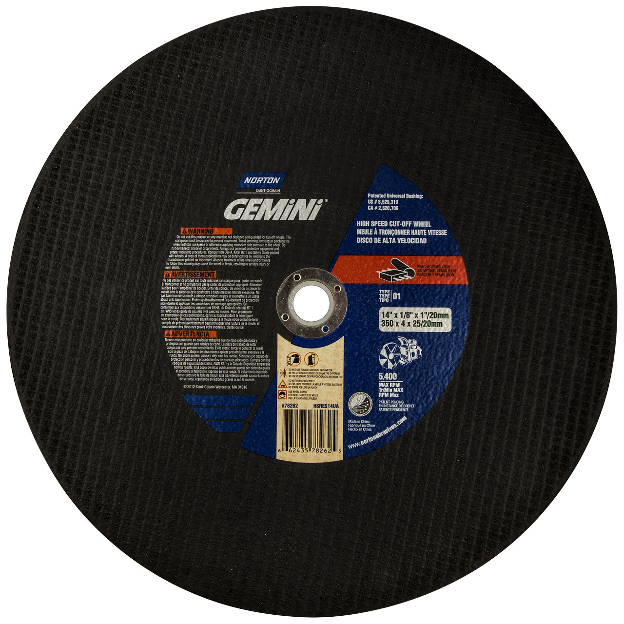 Norton 66243578262 14x1/8x1 in. Gemini CutOff Wheels, Alum. Oxide