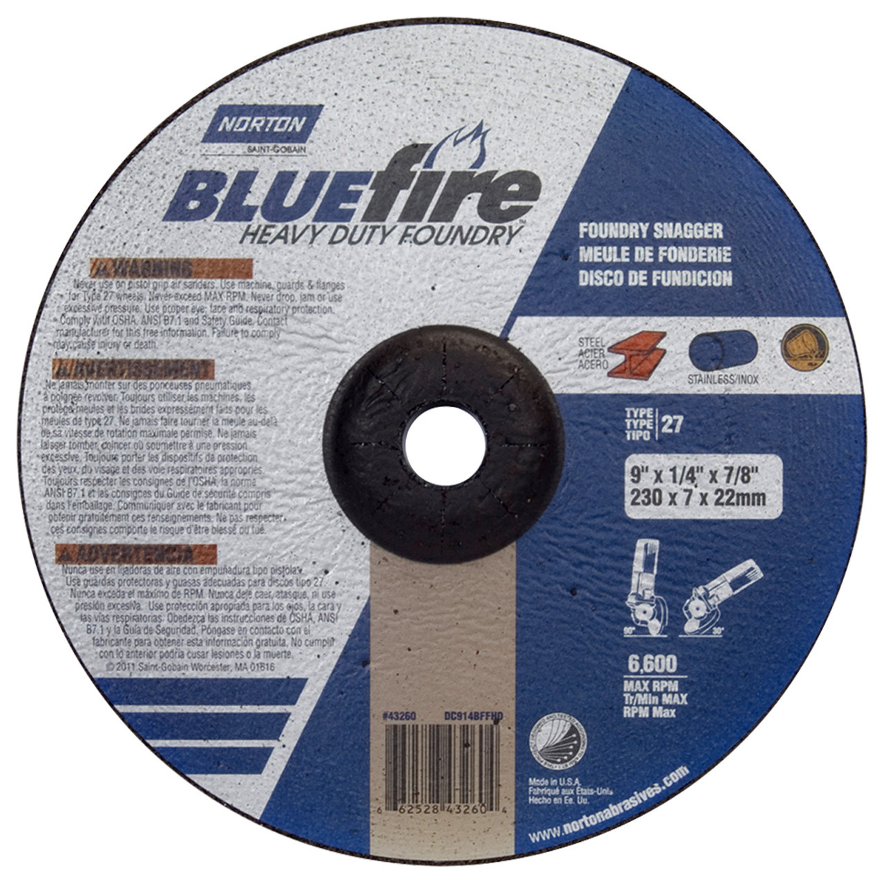 Norton 66252843260 9x1/4x7/8 In. BlueFire ZA/SC Foundry Grinding Wheels,  Heavy Duty, Type 27, 24 Grit, 20 pack