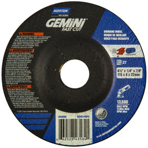 Norton 66252843584 4-1/2x1/4x7/8 In. Gemini FastCut AO Grinding Wheels, Type 27, 24 Grit, 25 pack