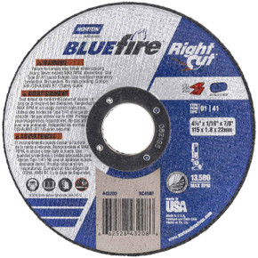 Norton 66252843208 4-1/2x1/16x7/8 In. BlueFire RightCut ZA/AO Reinforced Right Angle Cut-Off Wheels, Type 01/41, 36 Grit, 25 pack