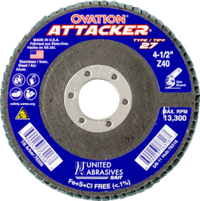 United Abrasives SAIT 76206 4-1/2x7/8 Ovation Attacker Type 27 No Hub High Density Zirconium Flap Discs 40 Grit, 10 pack