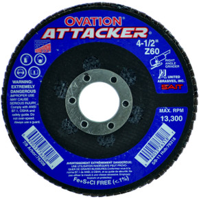 United Abrasives SAIT 76208 4-1/2x7/8 Ovation Attacker Type 27 No Hub High Density Zirconium Flap Discs 60 Grit, 10 pack