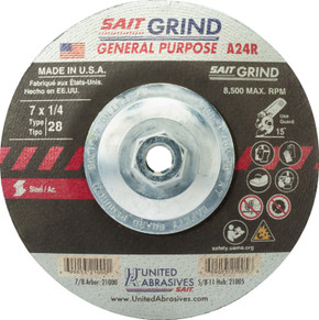 United Abrasives SAIT 21005 7x1/4x5/8-11 A24R Long Life Super Lock Hub Type 28 Grinding Wheels, 10 pack