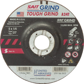 United Abrasives SAIT 20075 5x1/4x7/8 A24T Tough Grind No Hub Type 27 Grinding Wheel, 25 pack