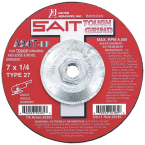 United Abrasives SAIT 20185 7x1/4x5/8-11 A24T Tough Grind Super Lock Hub Type 27 Grinding Wheel, 10 pack