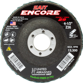 United Abrasives SAIT 79105 4-1/2x7/8 Encore Type 29 General Purpose No Hub Zirconium Flap Discs 36 Grit, 10 pack