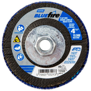 Norton 7660703213 4-1/2x5/8-11” BlueFire R884P Zirconia Alumina Plus Type 29 Flap Discs, 80 Grit, Retail Packaging, 5 pack